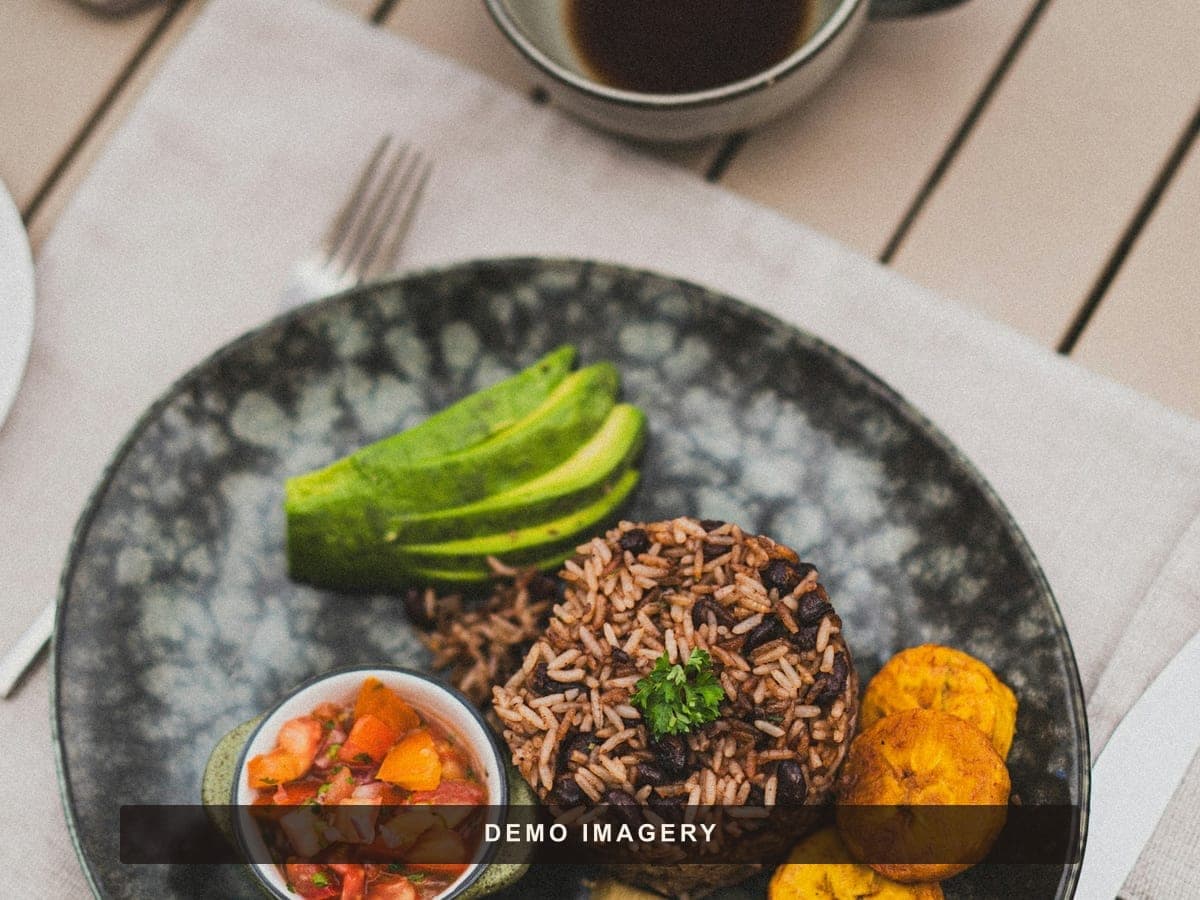 Rice, beans, avocado, and plantains — vegetarian demo imagery