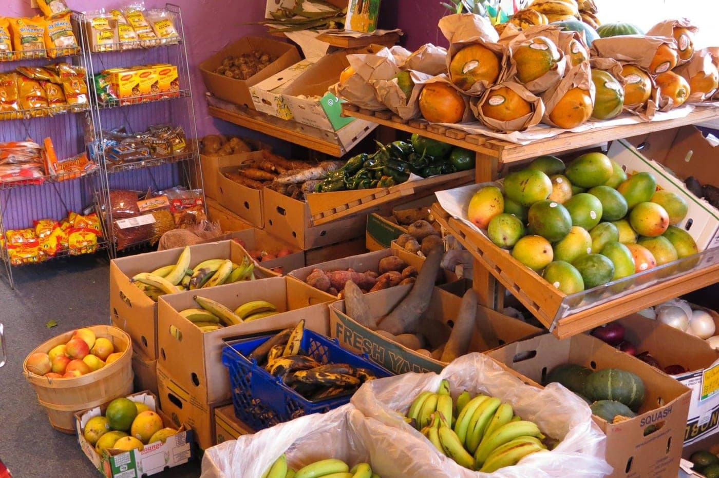 Fresh tropical produce and imports in the Melendez market aisle