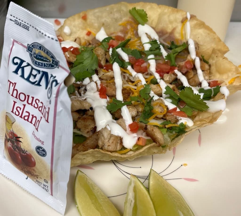 Taco salad in a fried tortilla bowl from Melendez Imports